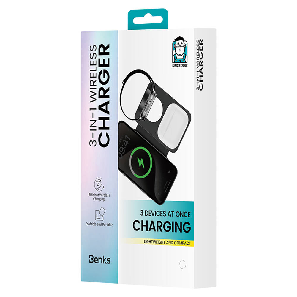 Benks W12-01 15W 3in1 Foldable Magnetic Wireless Charging Stand for Phones &amp; Smartwatches &amp; Headphones White 