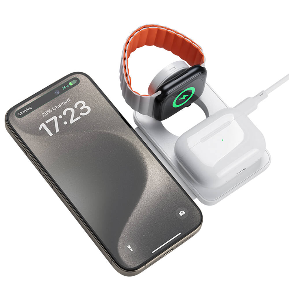 Benks W12-01 15W 3in1 Foldable Magnetic Wireless Charging Stand for Phones &amp; Smartwatches &amp; Headphones White 