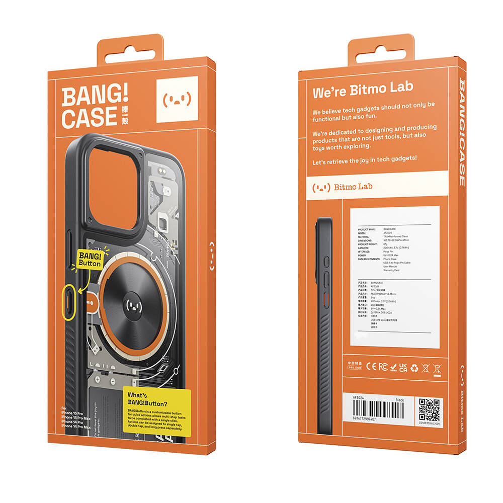iPhone 15 Pro Case Customizable 3 Function Bluetooth Connected Bitmo Lab Bangcase Smart M-safe Cover Black 