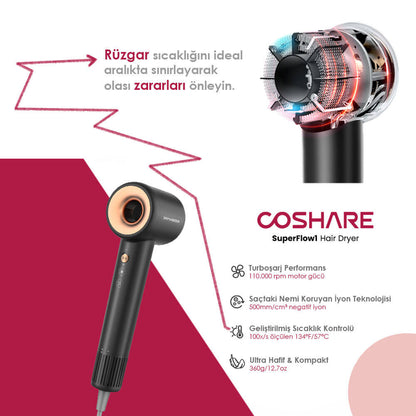 Coshare HD10E SuperFlow1 İyon Teknolojili Isı Dereceli Led Işıklı Saç Kurutma Fön Makinesi Beyaz