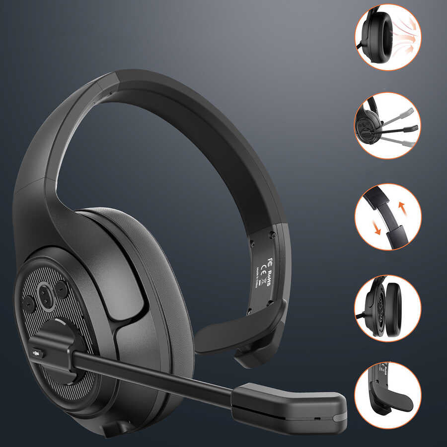 Eksa H1 Adjustable Headset Noise Cancelling Mono Bluetooth Headphones with Microphone Black 