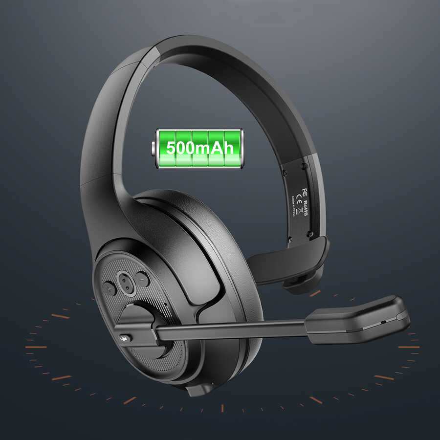 Eksa H1 Adjustable Headset Noise Cancelling Mono Bluetooth Headphones with Microphone Black 