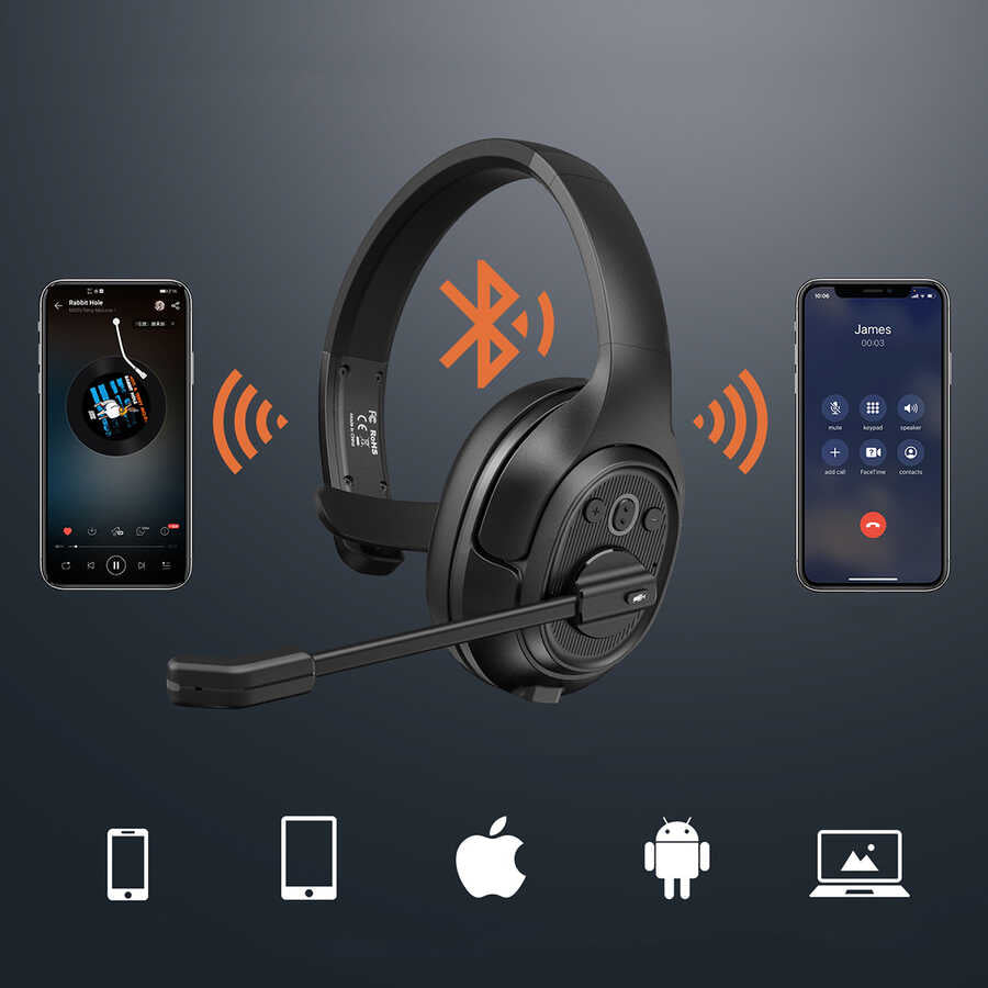 Eksa H1 Adjustable Headset Noise Cancelling Mono Bluetooth Headphones with Microphone Black 