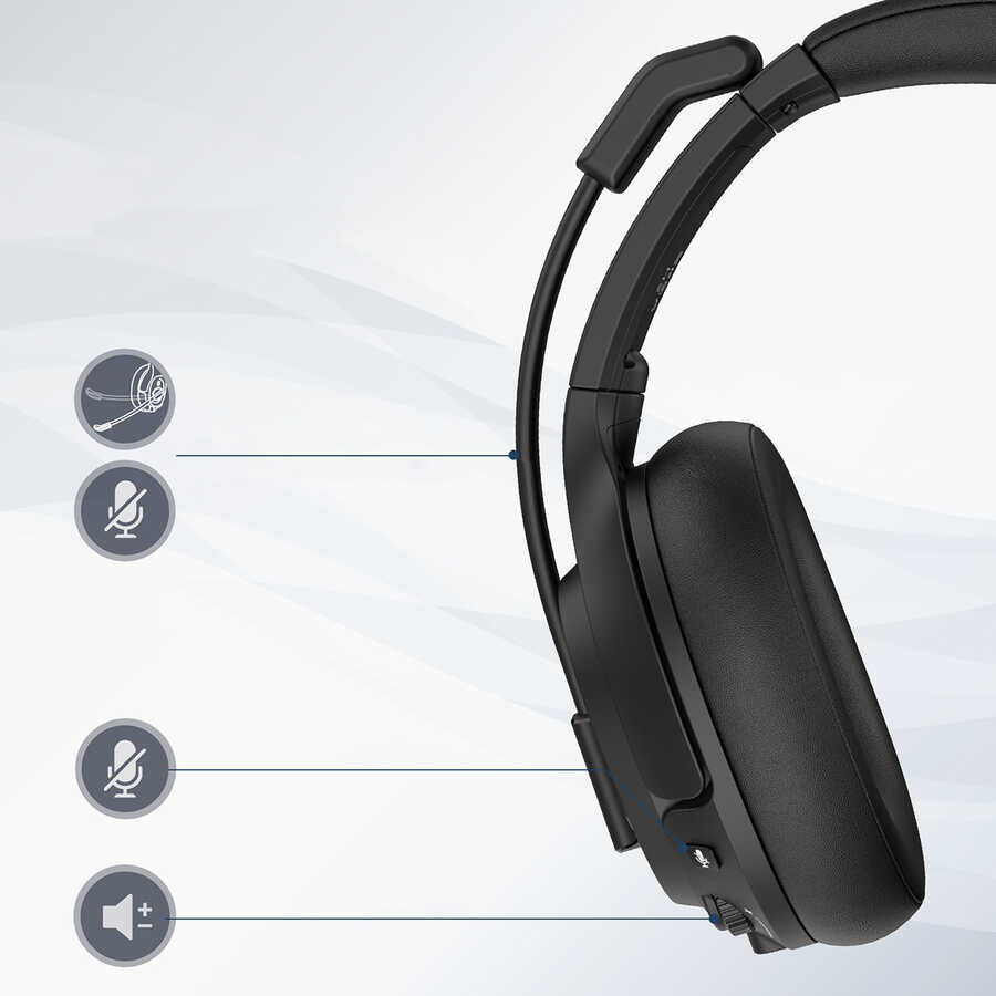 Eksa H2 Adjustable Headset Over-Ear Noise Cancelling Bluetooth Headphones with Microphone Black 