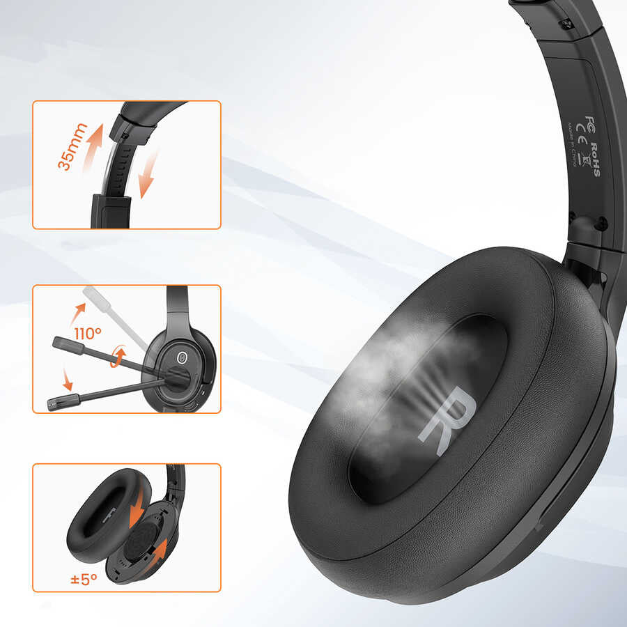 Eksa H2 Adjustable Headset Over-Ear Noise Cancelling Bluetooth Headphones with Microphone Black 