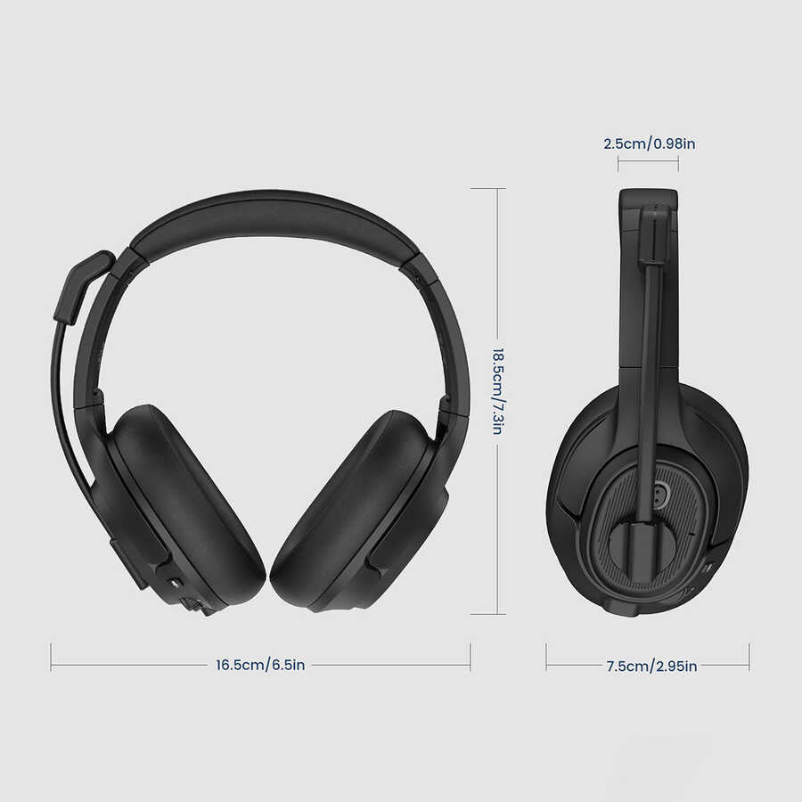 Eksa H2 Adjustable Headset Over-Ear Noise Cancelling Bluetooth Headphones with Microphone Black 