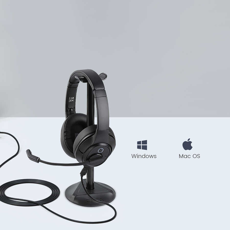 Eksa H2 Adjustable Headset Over-Ear Noise Cancelling Bluetooth Headphones with Microphone Black 