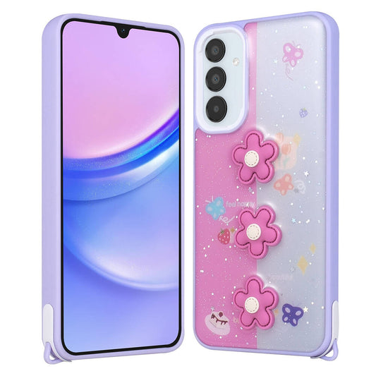 Galaxy A05S Case Shining Glitter Embossed Zore Cevze Cover Purple Daisy