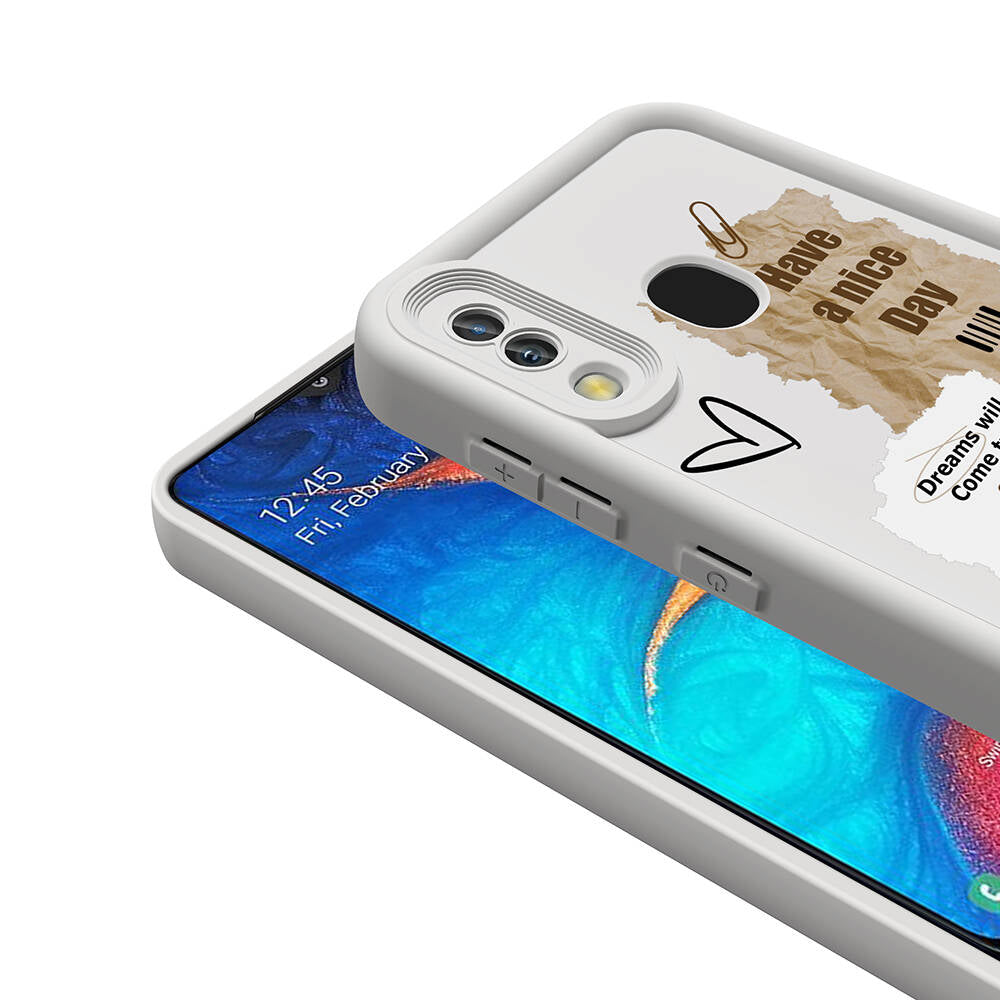Galaxy A20 Case Camera Protection Printed Back Surface Zore Classy Cover White 