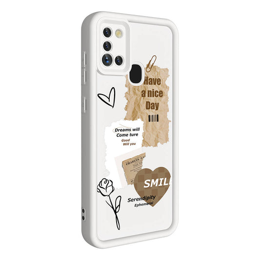 Galaxy A21S Case Camera Protection Printed Back Surface Zore Classy Cover White 