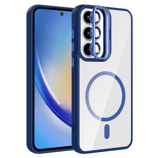 Galaxy A35 Case with Stand and Camera Lens Gift, M-Safe Charging Feature, Zore Etro Cover Navy Blue 