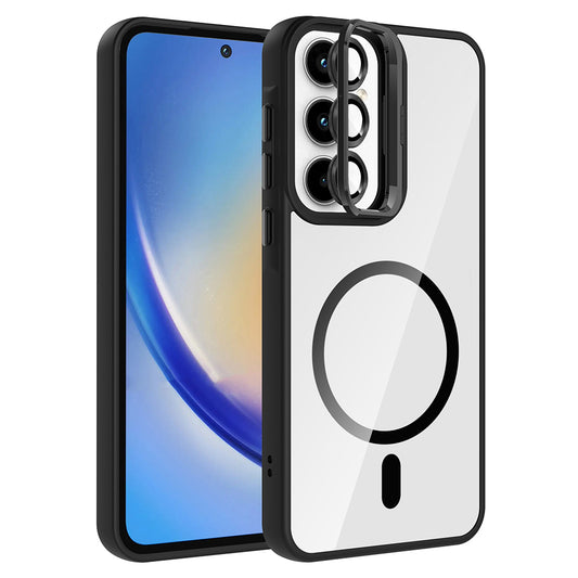 Galaxy A55 Case with Stand and Camera Lens Gift, M-Safe Charging Feature, Zore Etro Cover Black 