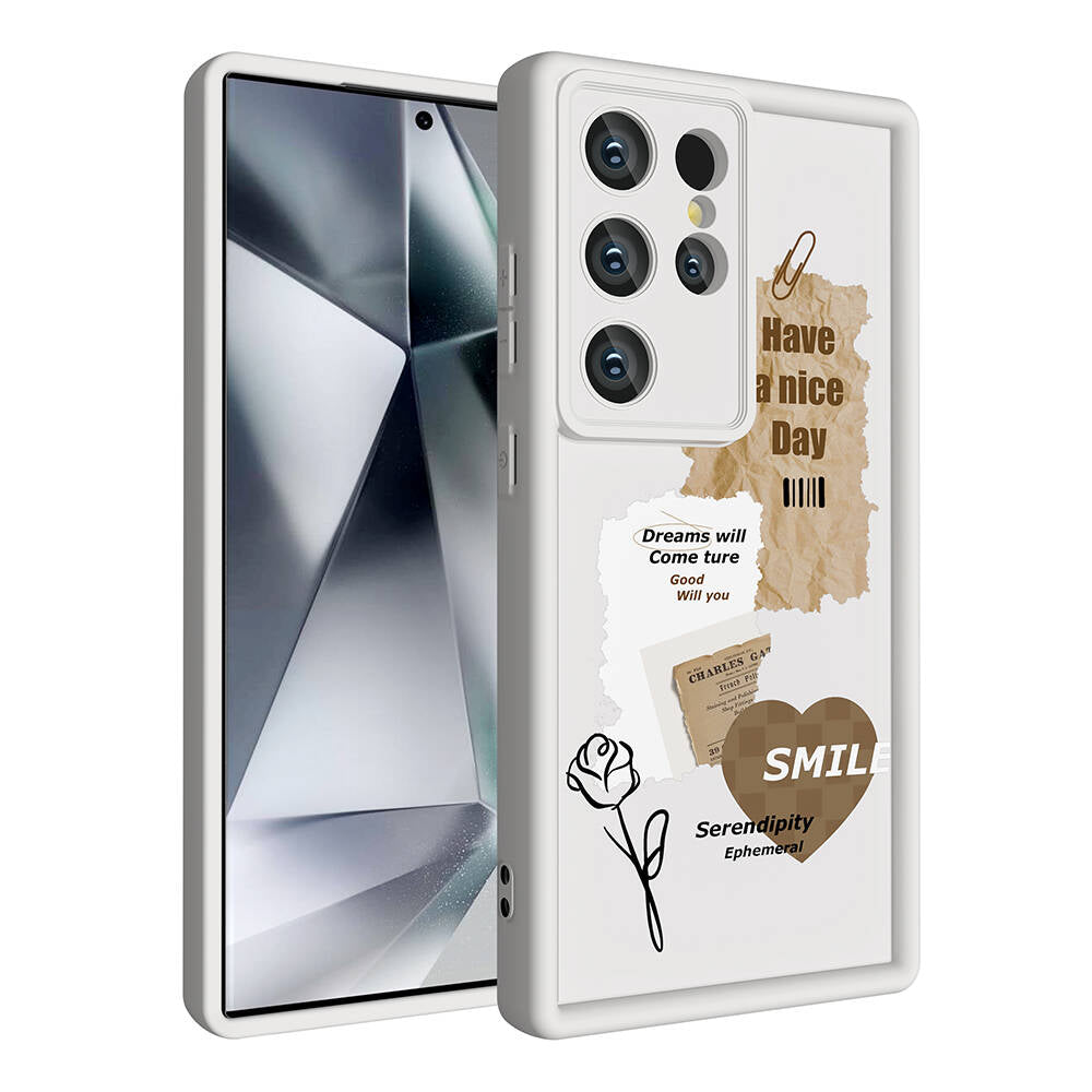 Galaxy S23 Ultra Case Camera Protection Printed Back Surface Zore Classy Cover White 