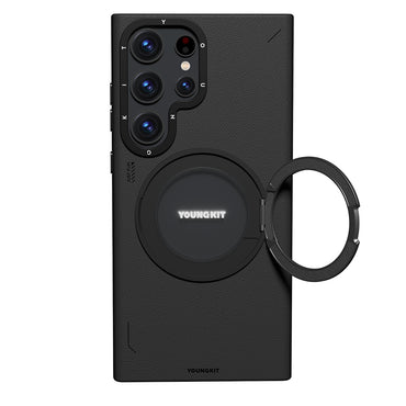 Galaxy S23 Ultra Kılıf M-safe Şarj Özellikli 360° Standlı Basit Mat Deri Desenli Youngkit Tech Leather Serisi Kapak