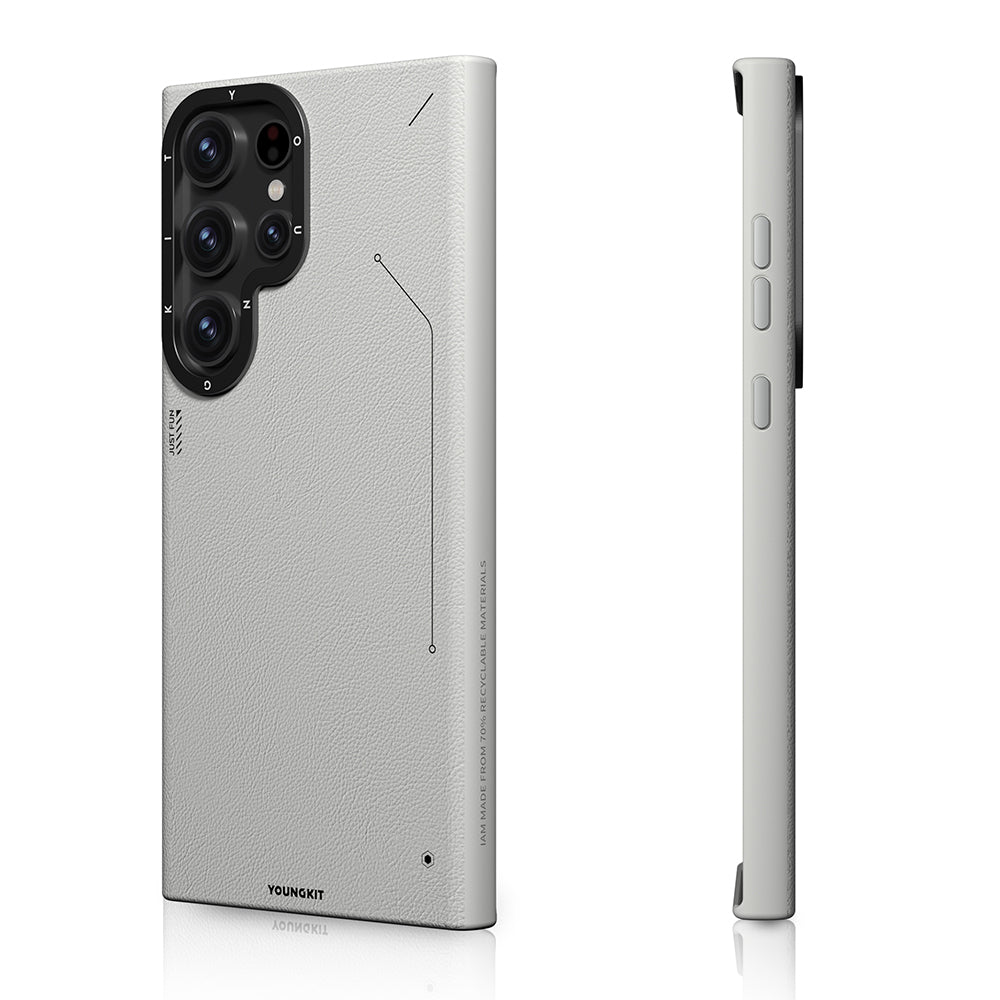 Galaxy S23 Ultra Kılıf M-safe Şarj Özellikli Basit Mat Deri Desenli Youngkit Tech Fashion Serisi Kapak Gümüş