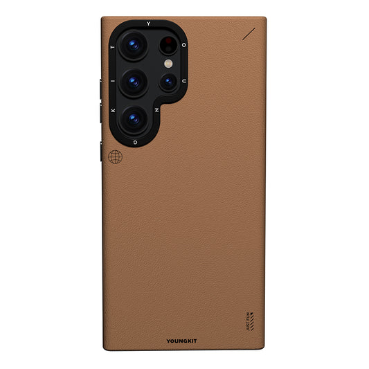 Galaxy S23 Ultra Kılıf M-safe Şarj Özellikli Basit Mat Deri Desenli Youngkit Tech Fashion Serisi Kapak Kahverengi