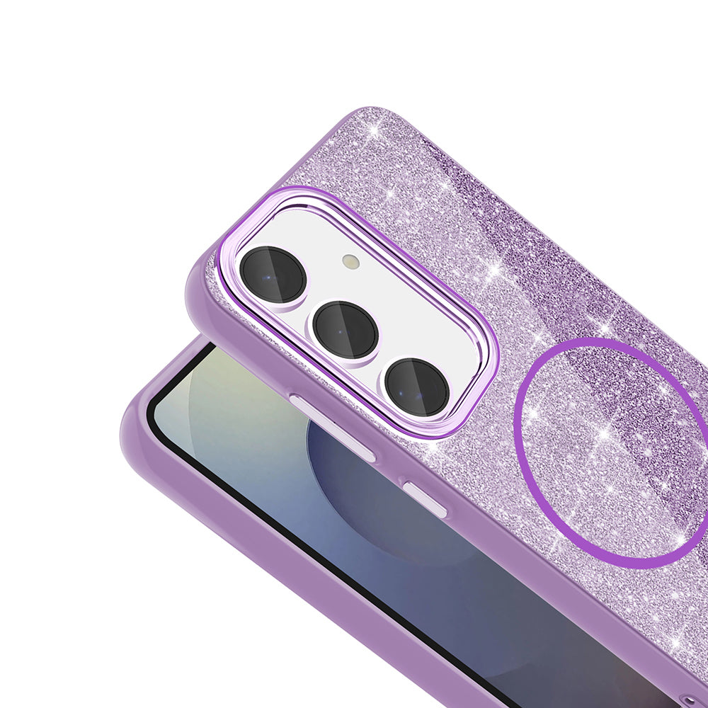 Galaxy S24 FE Kılıf M-safe Şarj Özellikli Parlayan Simli Zore Okso Kapak Derin Mor