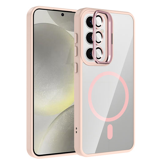 Galaxy S24 FE Kılıf Standlı ve Kamera Lens Hediyeli M-Safe Şarj Özellikli Zore Etro Kapak Pembe