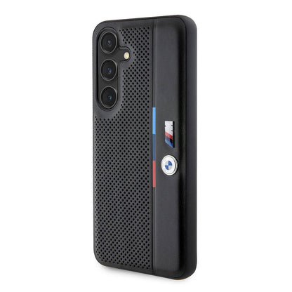Galaxy S24 Kılıf BMW Orjinal Lisanslı M Logolu Üç Renk Çizgili Delikli Detail Line Kapak Siyah