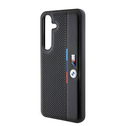Galaxy S24 Kılıf BMW Orjinal Lisanslı M Logolu Üç Renk Çizgili Delikli Detail Line Kapak Siyah