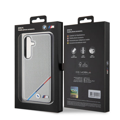 Galaxy S24 Kılıf BMW Orjinal Lisanslı M-safe Şarj Özellikli M Logolu Üç Çizgili Delikli Deri Kapak Gri