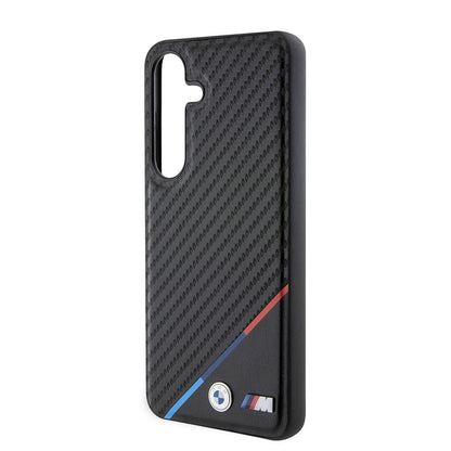 Galaxy S24 Kılıf BMW Orjinal Lisanslı M-safe Şarj Özellikli M Logolu Üç Çizgili PU Karbon Kapak Siyah