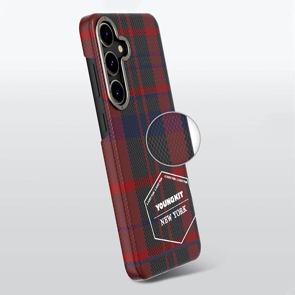Galaxy S24 Case Plaid Patterned Youngkit Gezhi Series Cover Red 