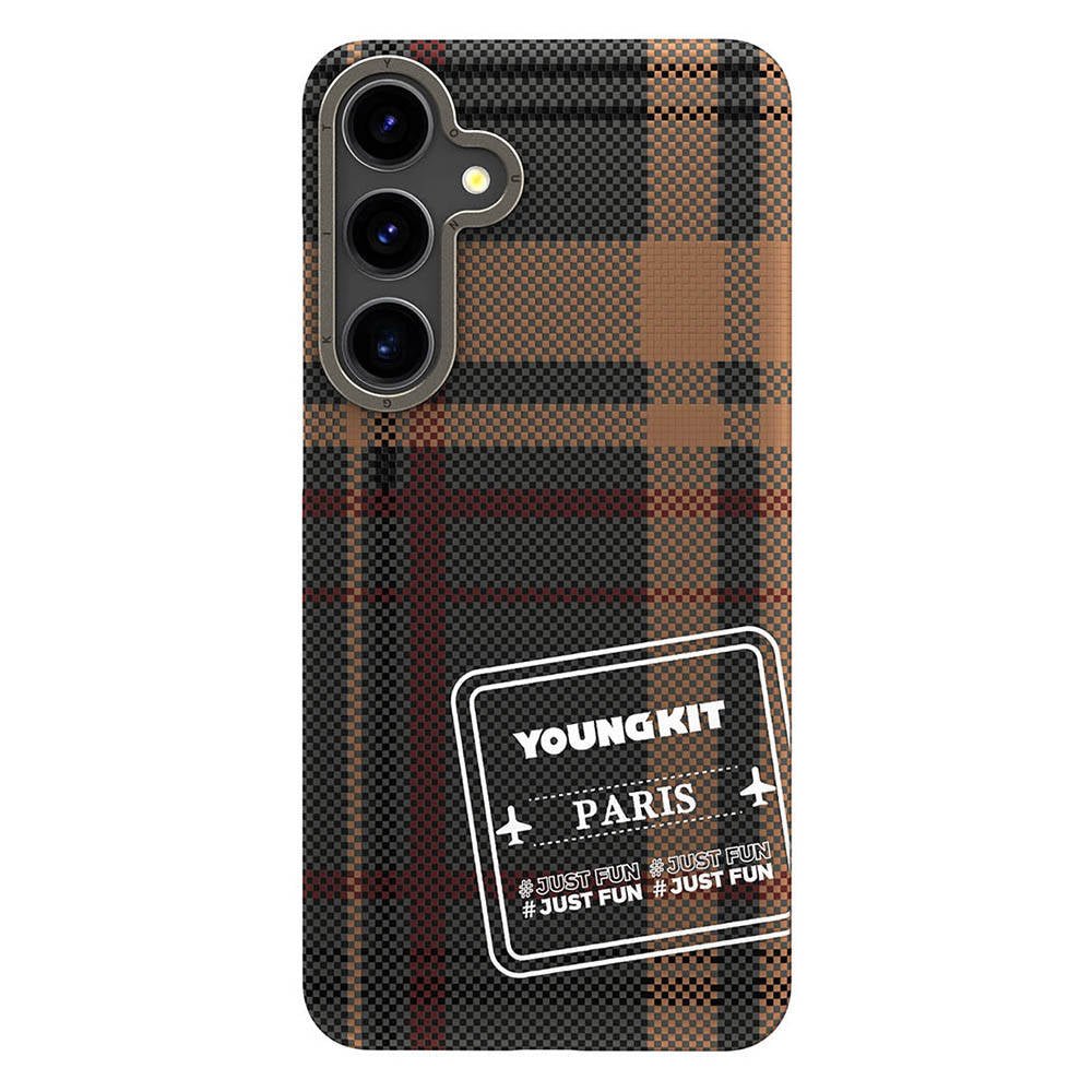 Galaxy S24 Case Plaid Patterned Youngkit Gezhi Series Cover Brown 