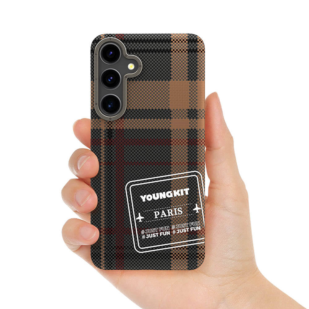 Galaxy S24 Case Plaid Patterned Youngkit Gezhi Series Cover Brown 