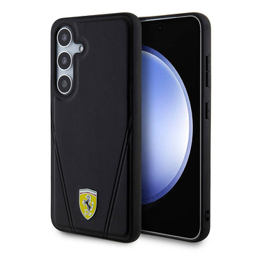 Galaxy S24 Kılıf Ferrari Orjinal Lisanslı M-safe Şarj Özellikli Sıcak Baskı V Çizgili Deri Kapak Siyah