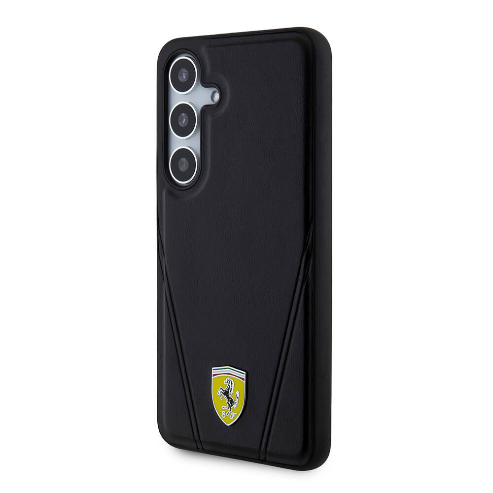 Galaxy S24 Kılıf Ferrari Orjinal Lisanslı M-safe Şarj Özellikli Sıcak Baskı V Çizgili Deri Kapak Siyah