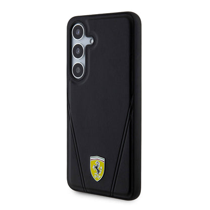 Galaxy S24 Kılıf Ferrari Orjinal Lisanslı M-safe Şarj Özellikli Sıcak Baskı V Çizgili Deri Kapak Siyah