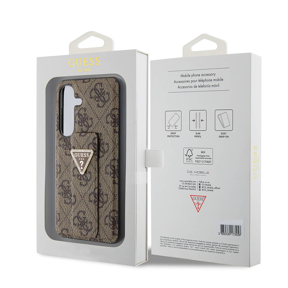 Galaxy S24 Case Guess Original Licensed 4G Patterned Triangle Logo Stand Leather Cover Brown