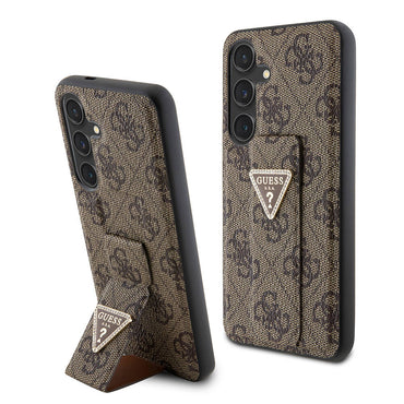 Galaxy S24 Case Guess Original Licensed 4G Patterned Triangle Logo Stand Leather Cover Brown