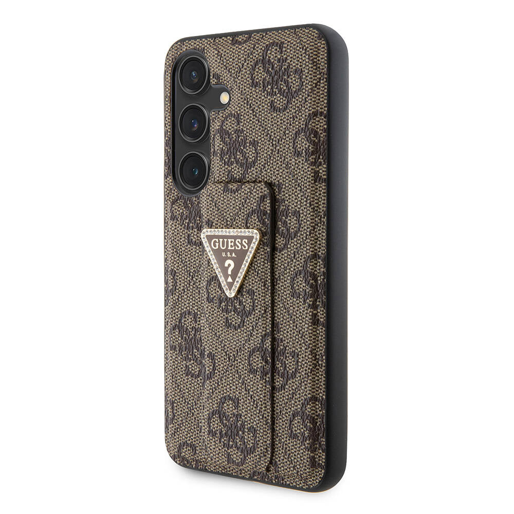 Galaxy S24 Case Guess Original Licensed 4G Patterned Triangle Logo Stand Leather Cover Brown