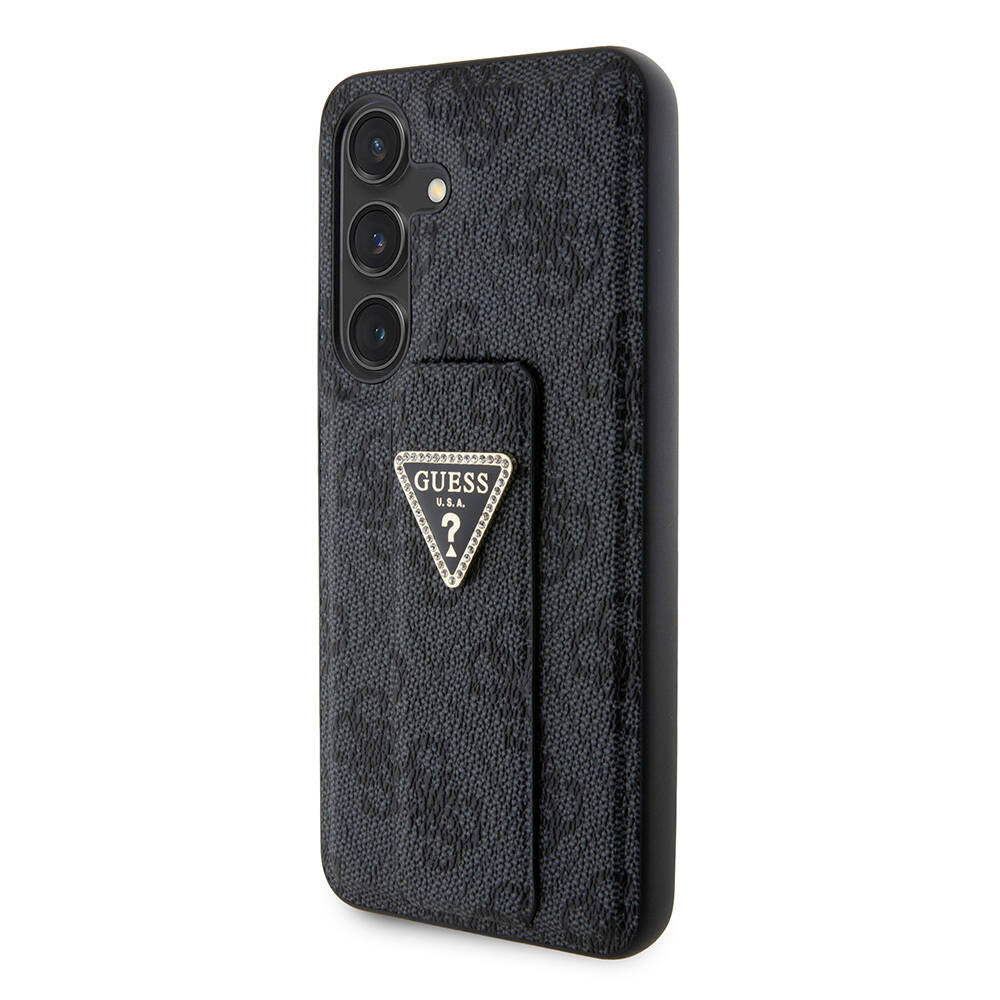Galaxy S24 Case Guess Original Licensed 4G Patterned Triangle Logo Stand Leather Cover Black