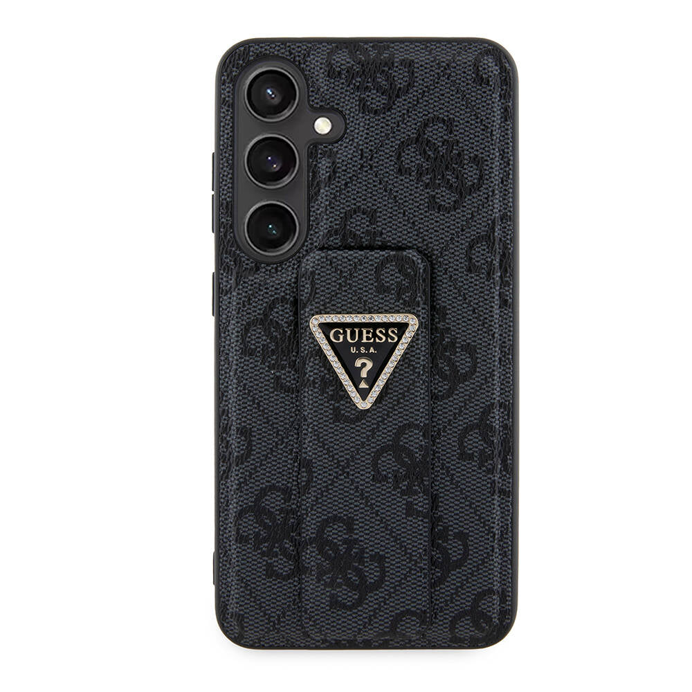 Galaxy S24 Case Guess Original Licensed 4G Patterned Triangle Logo Stand Leather Cover Black