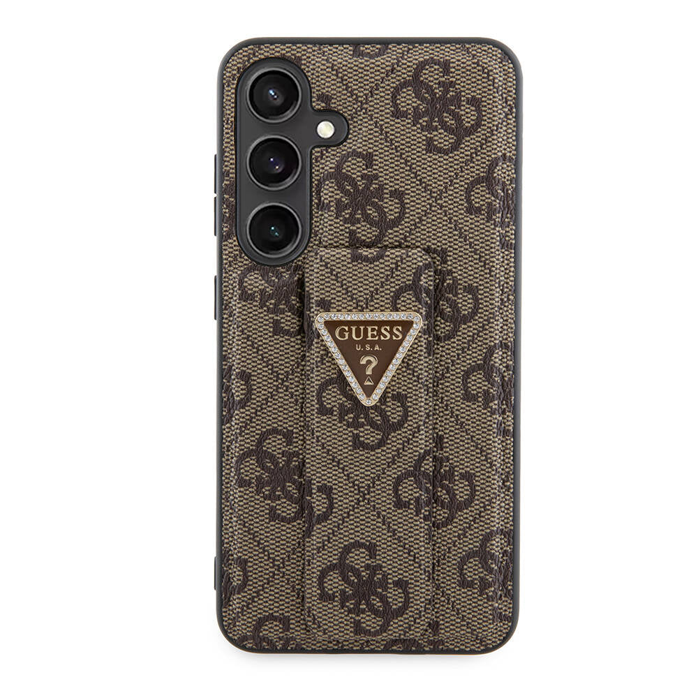 Galaxy S24 Case Guess Original Licensed 4G Patterned Triangle Logo Stand Leather Cover Brown
