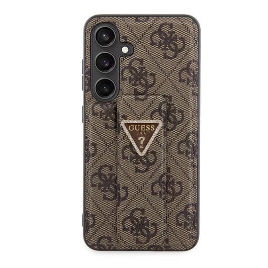 Galaxy S24 Case Guess Original Licensed 4G Patterned Triangle Logo Stand Leather Cover Brown