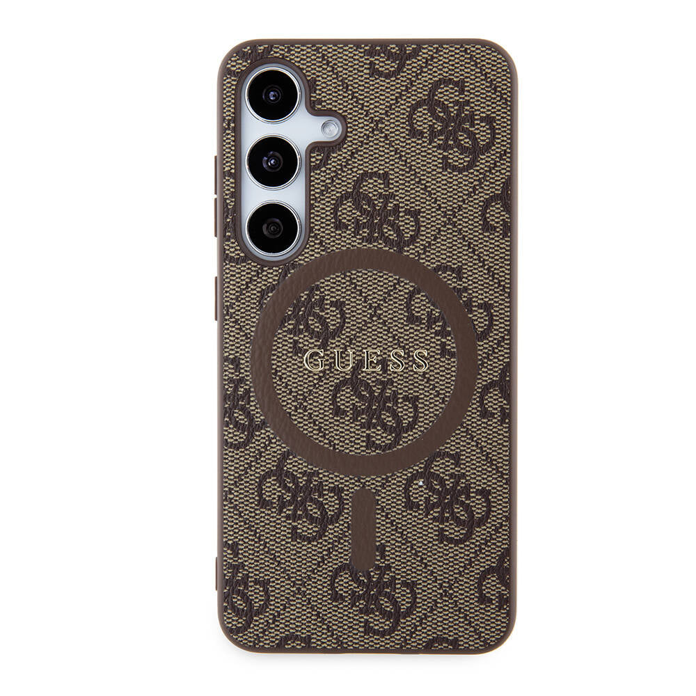 Galaxy S24 Case Guess Original Licensed M-safe Charging Feature PU Ring 4G Patterned Text Logo Cover Brown
