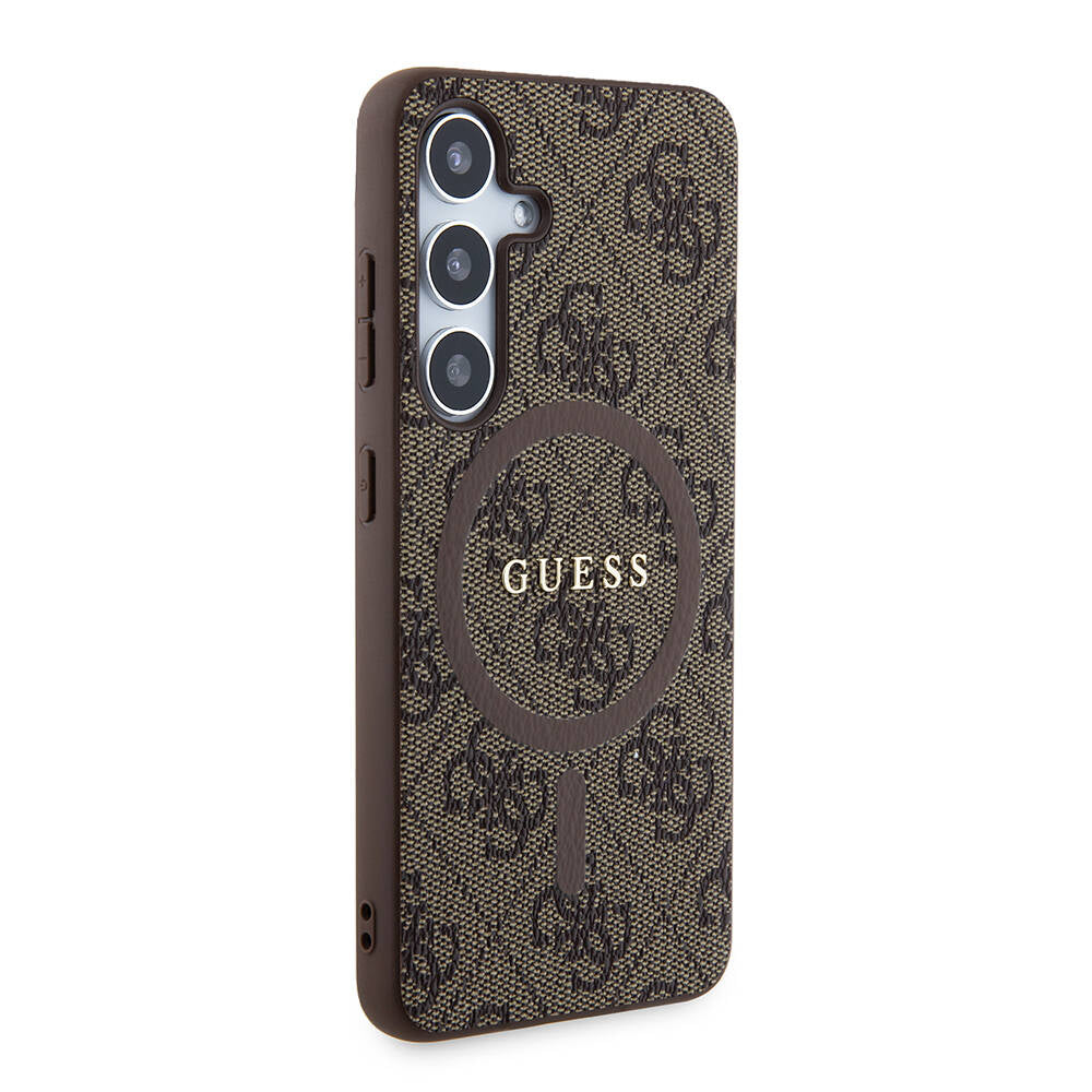 Galaxy S24 Case Guess Original Licensed M-safe Charging Feature PU Ring 4G Patterned Text Logo Cover Brown