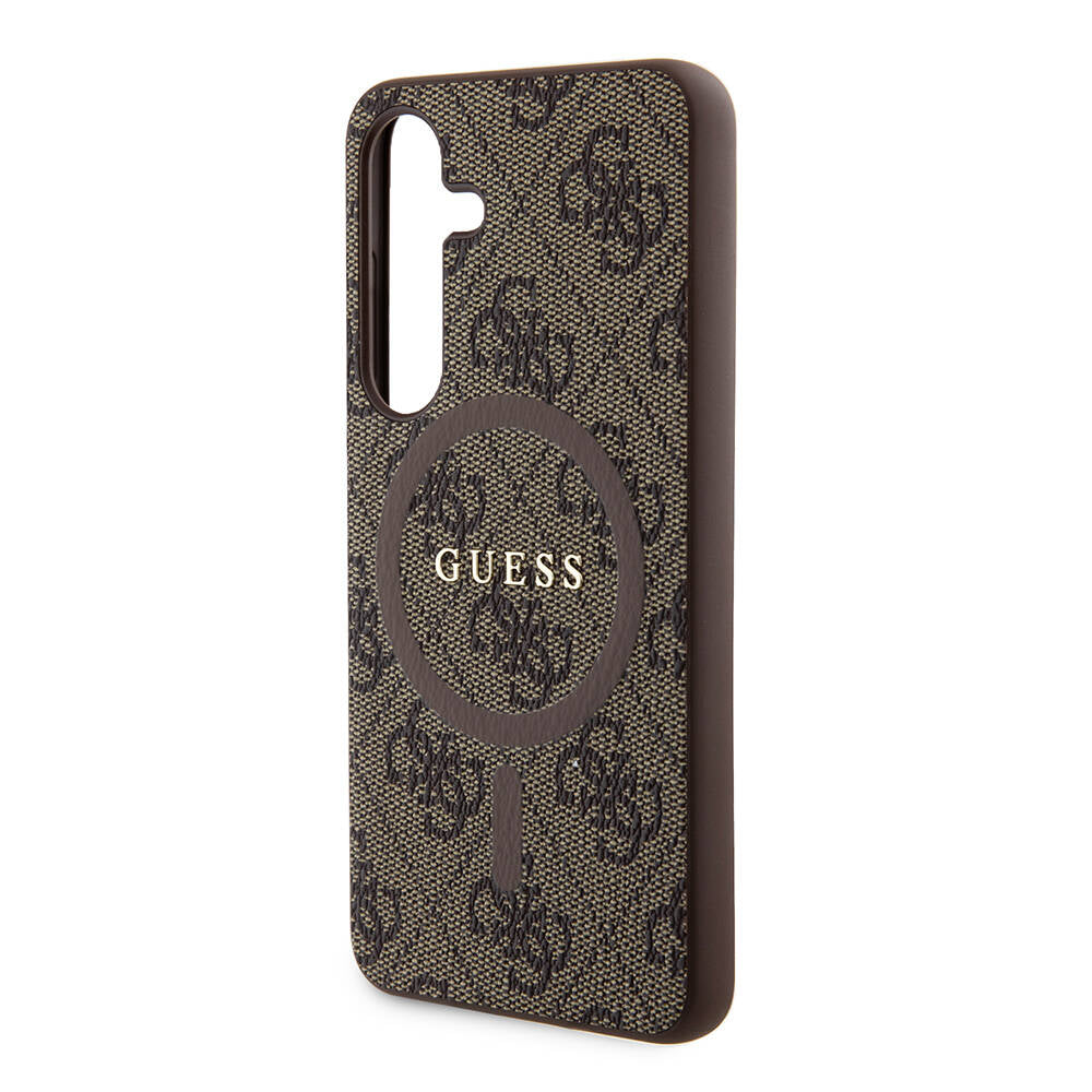 Galaxy S24 Case Guess Original Licensed M-safe Charging Feature PU Ring 4G Patterned Text Logo Cover Brown