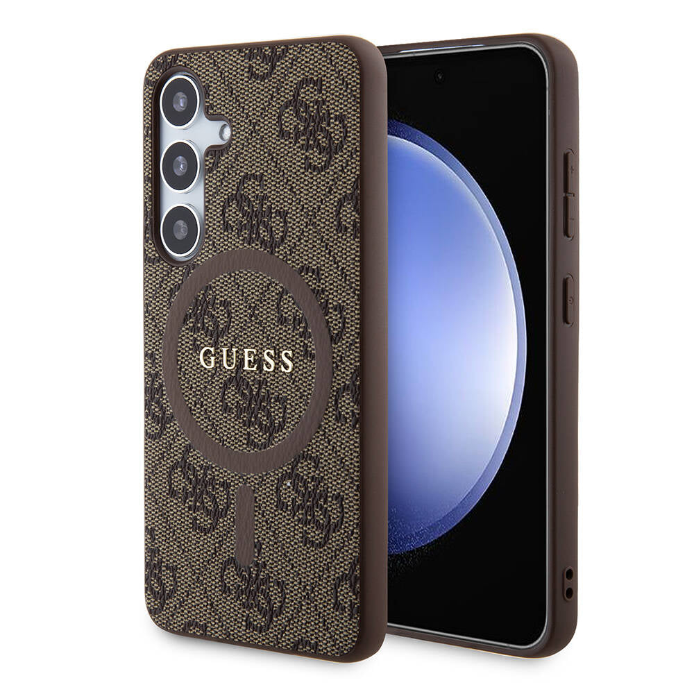 Galaxy S24 Case Guess Original Licensed M-safe Charging Feature PU Ring 4G Patterned Text Logo Cover Brown