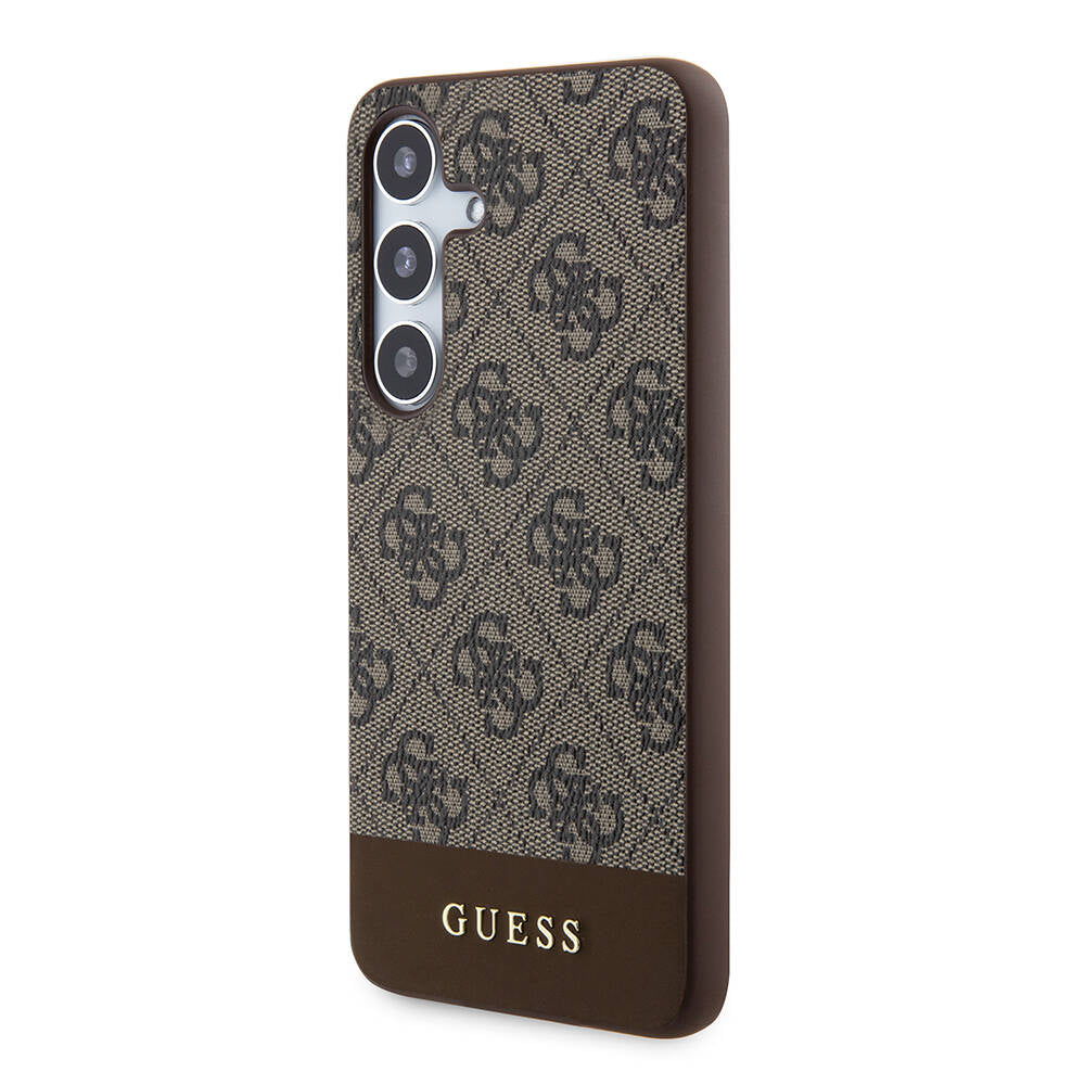 Galaxy S24 Case Guess Original Licensed PU Leather Stripe Logo Design Cover Brown