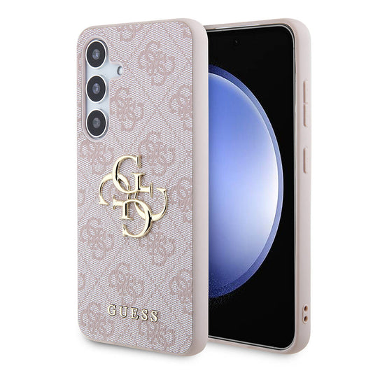 Galaxy S24 Case Guess Original Licensed PU Leather Cover with Text and 4G Metal Logo Pattern Pink