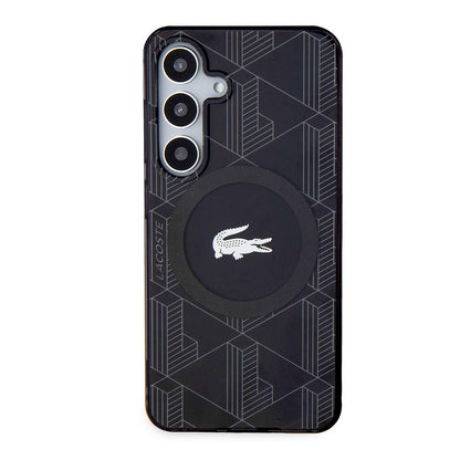 Galaxy S24 Kılıf Lacoste Orjinal Lisanslı M-safe Şarj Özellikli Çift Katmanlı Timsah Logolu Blend Monogram Kapak Siyah