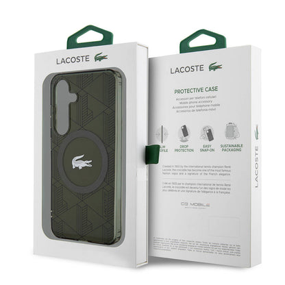 Galaxy S24 Kılıf Lacoste Orjinal Lisanslı M-safe Şarj Özellikli Çift Katmanlı Timsah Logolu Blend Monogram Kapak Petrol Yeşil