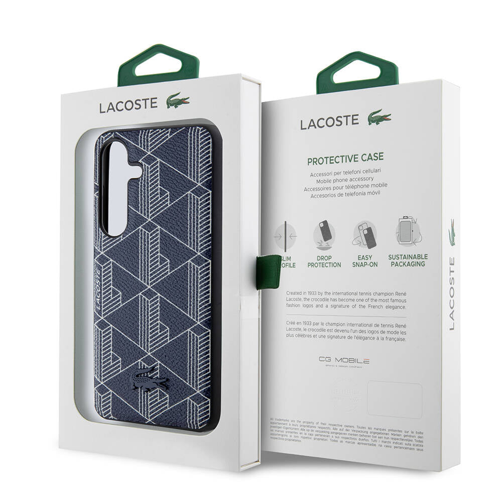 Galaxy S24 Kılıf Lacoste Orjinal Lisanslı M-safe Şarj Özellikli PU Deri Görünümlü Karışık Monogram Desenli Kapak Lacivert