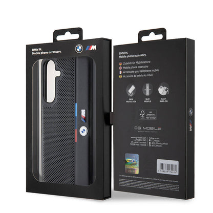 Galaxy S24 Plus Kılıf BMW Orjinal Lisanslı M Logolu Üç Renk Çizgili Delikli Detail Line Kapak Siyah