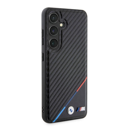 Galaxy S24 Plus Kılıf BMW Orjinal Lisanslı M-safe Şarj Özellikli M Logolu Üç Çizgili PU Karbon Kapak Siyah